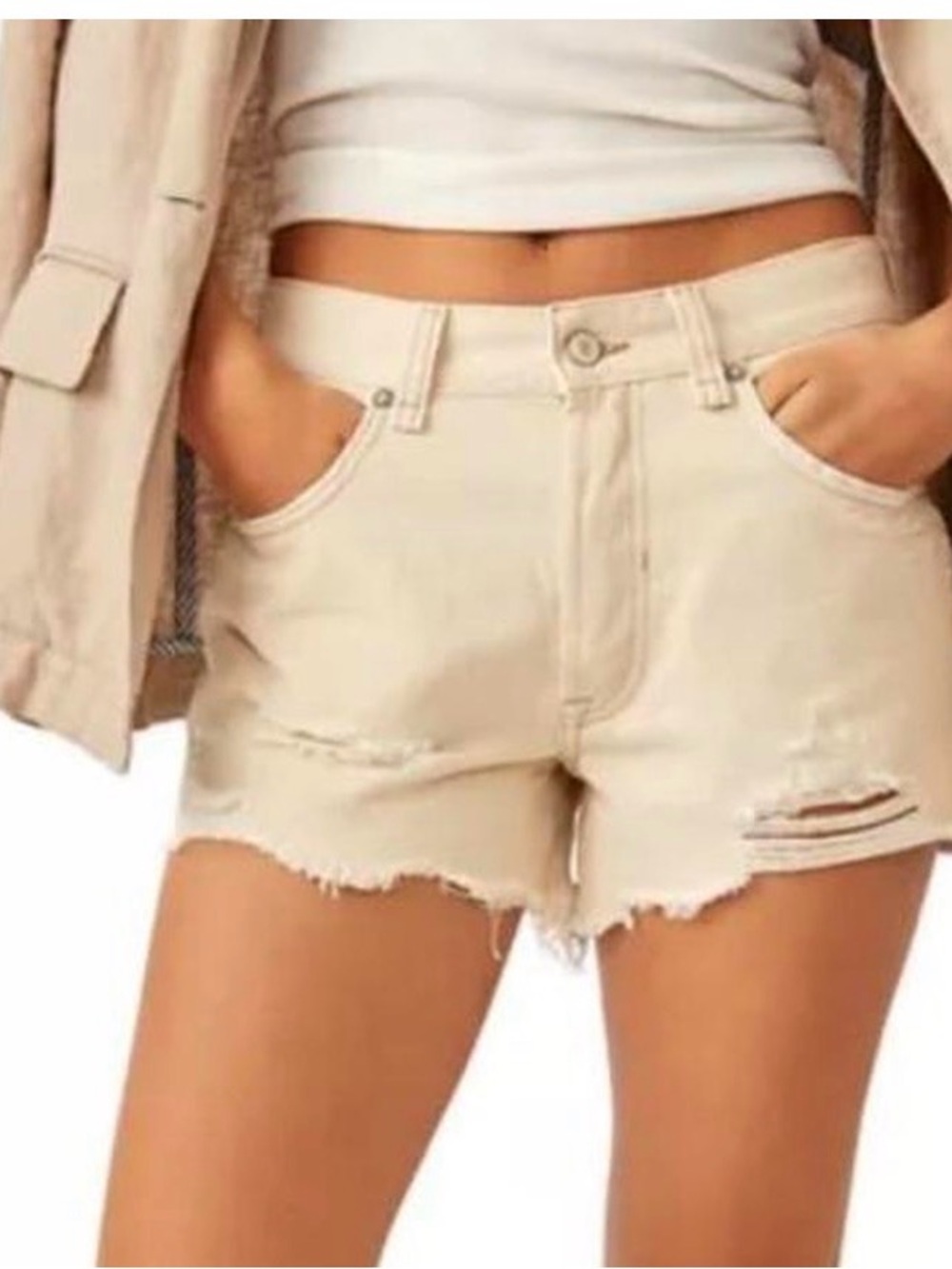 Free People Women’s High-Rise Distressed cut off Shorts in cream